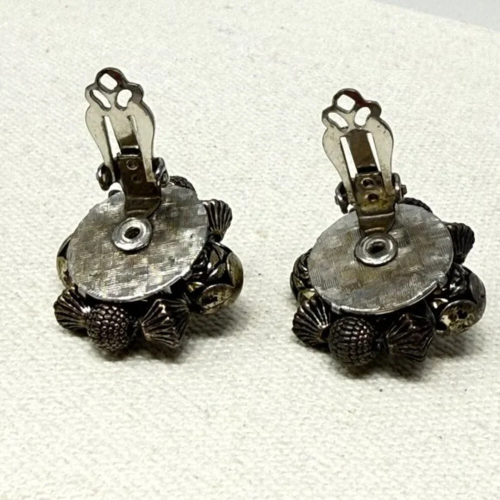 Vintage‎ Bead Cluster Earrings Silver Gray Clip-On Retro Dark Classic